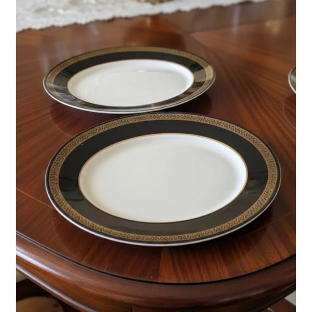2 Mid Century Modern Shenango China Grecian Gold Black Band Oval Plates 12”x 9.5